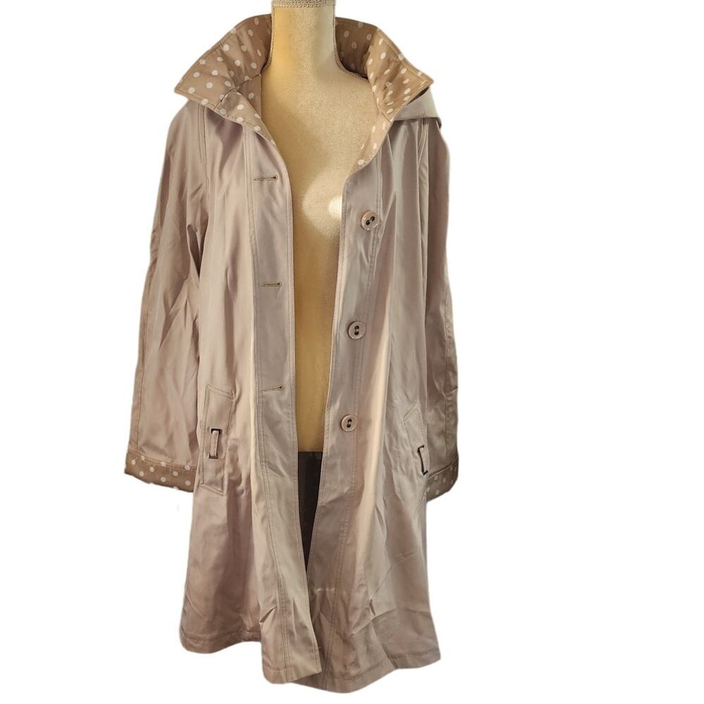 Norm Thompson Women's Tan Polka Dot Trim Rain Windbreaker Trench Coat Size Large